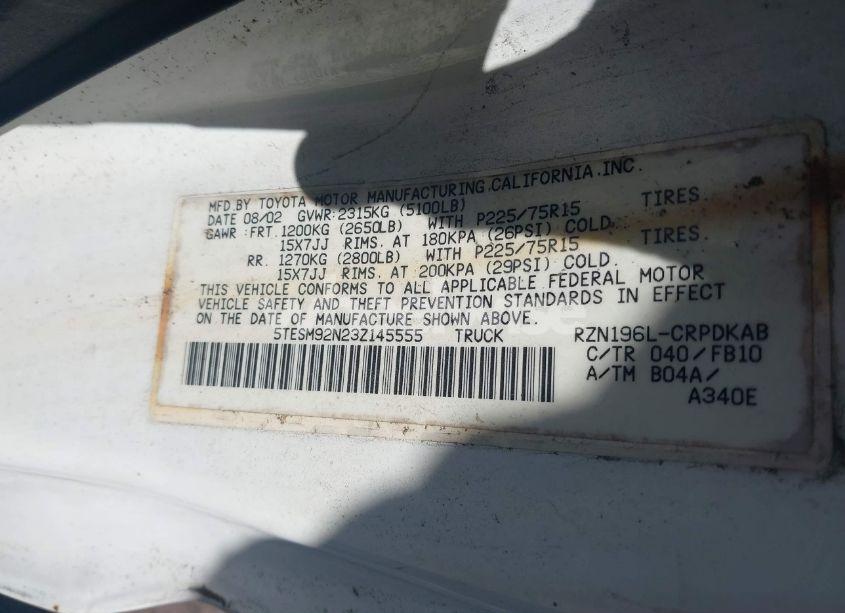 Photo 9 of 2003 Toyota Tacoma PRERUNNER (VIN 5TESM92N23Z145555)