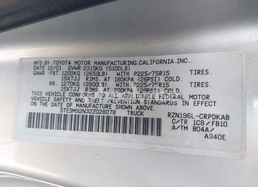 Photo 9 of 2002 Toyota Tacoma PRERUNNER (VIN 5TESM92N32Z028078)