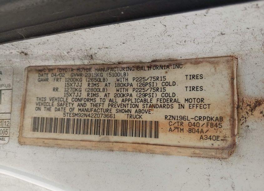 Photo 9 of 2002 Toyota Tacoma PRERUNNER (VIN 5TESM92N42Z073661)
