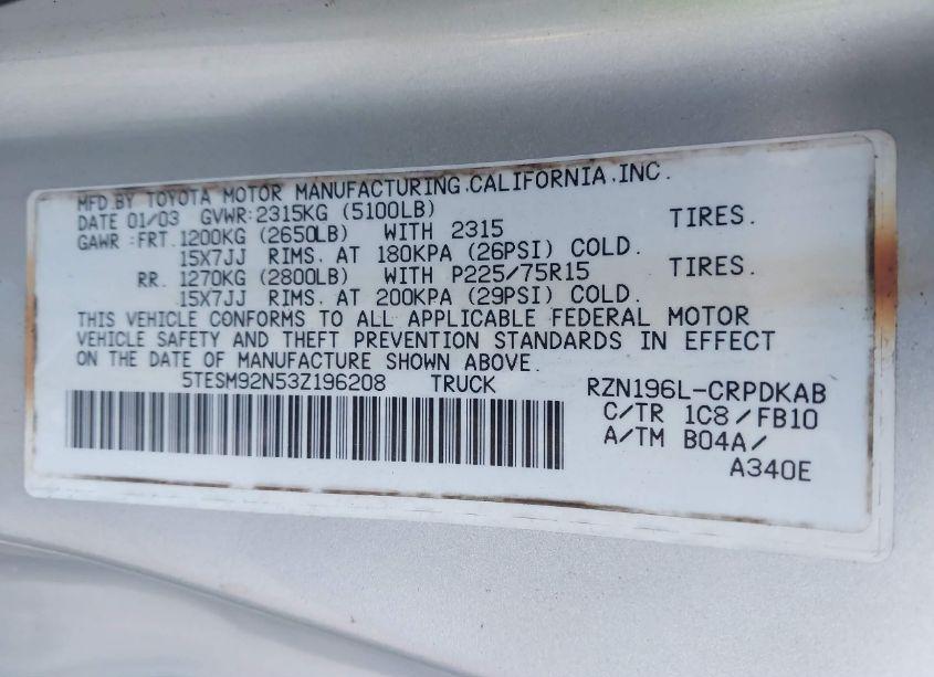 Photo 9 of 2003 Toyota Tacoma PRERUNNER (VIN 5TESM92N53Z196208)