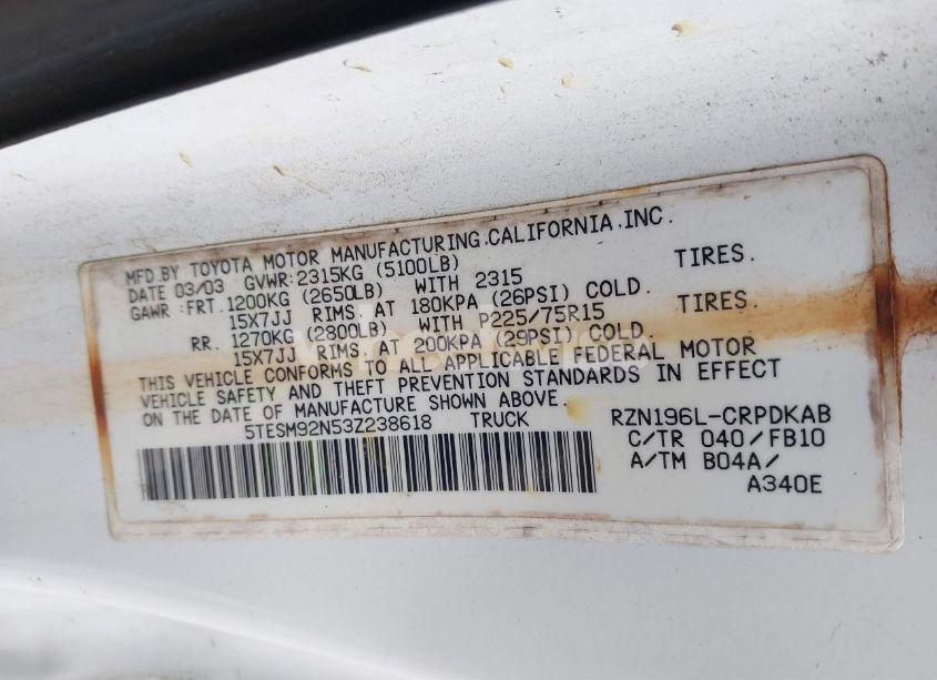 Photo 9 of 2003 Toyota Tacoma PRERUNNER (VIN 5TESM92N53Z238618)