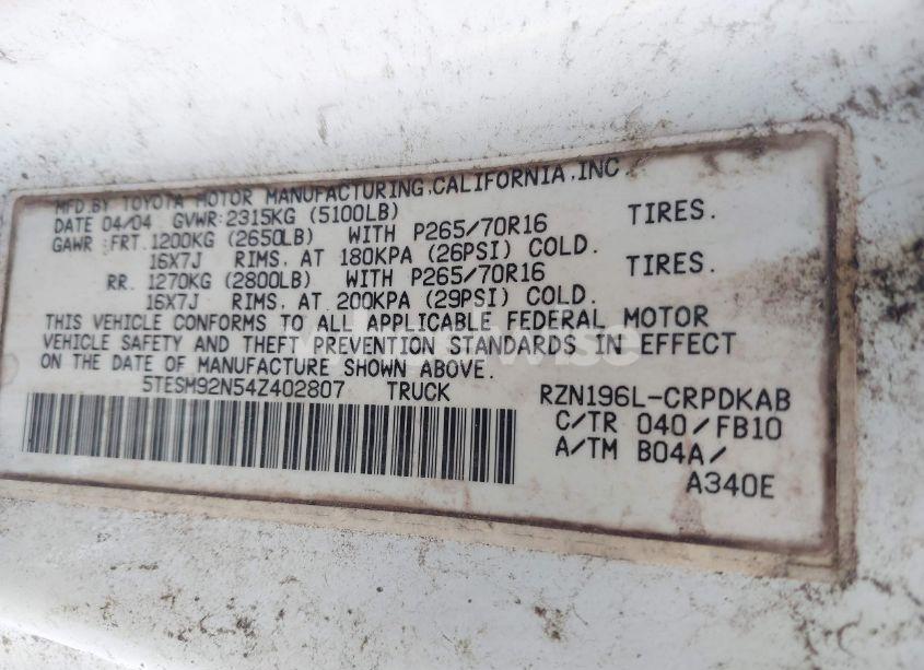 Photo 9 of 2004 Toyota Tacoma PRERUNNER (VIN 5TESM92N54Z402807)