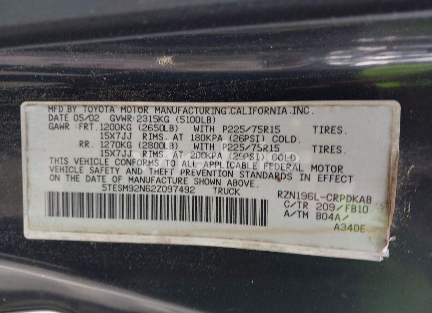 Photo 9 of 2002 Toyota Tacoma PRERUNNER (VIN 5TESM92N62Z097492)