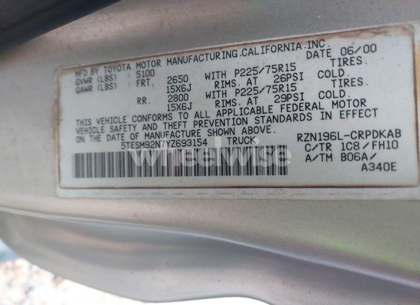 Photo 9 of 2000 Toyota Tacoma PRERUNNER (VIN 5TESM92N7YZ693154)