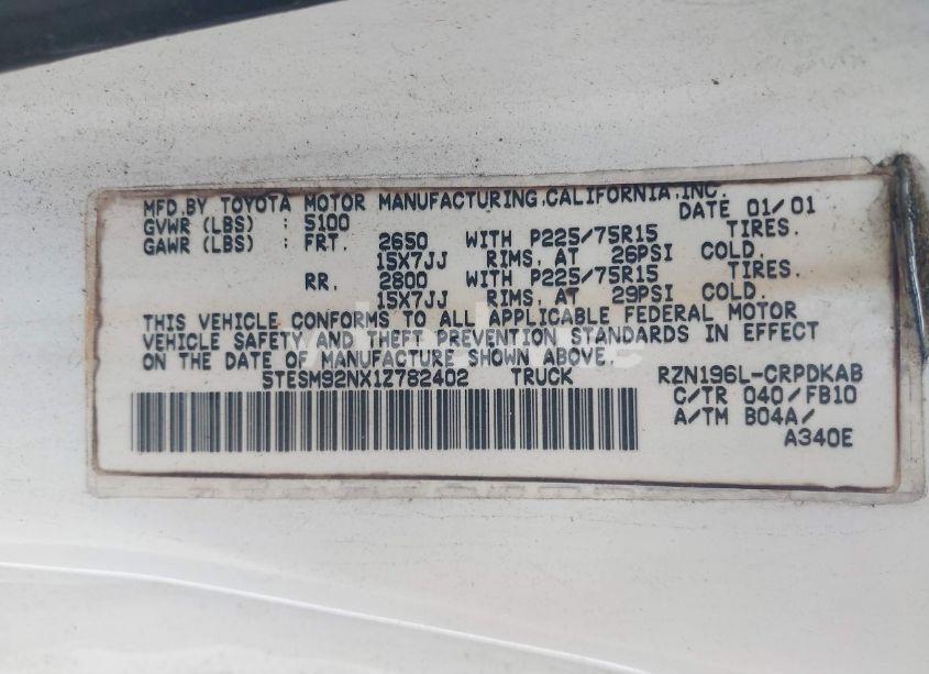 Photo 9 of 2001 Toyota Tacoma PRERUNNER (VIN 5TESM92NX1Z782402)
