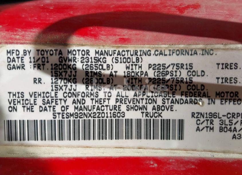 Photo 9 of 2002 Toyota Tacoma PRERUNNER (VIN 5TESM92NX2Z011603)