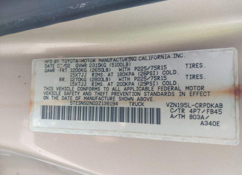 Photo 9 of 2002 Toyota Tacoma PRERUNNER V6 (VIN 5TESN92N02Z138194)