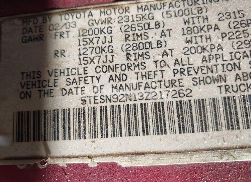 Photo 9 of 2003 Toyota Tacoma PRERUNNER V6 (VIN 5TESN92N13Z217262)