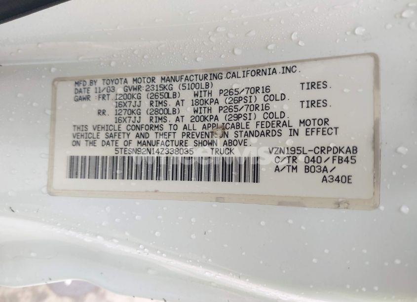 Photo 9 of 2004 Toyota Tacoma PRERUNNER V6 (VIN 5TESN92N14Z338035)