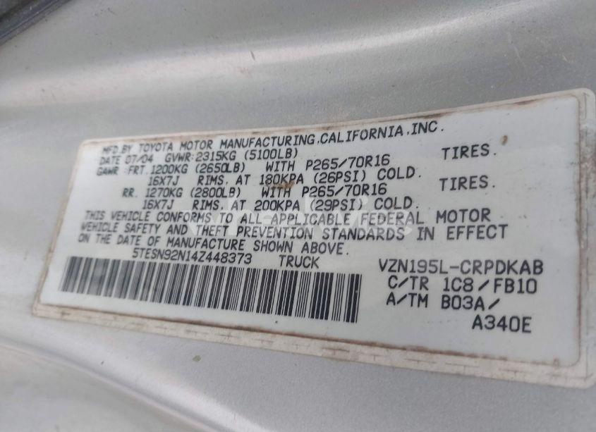 Photo 9 of 2004 Toyota Tacoma PRERUNNER V6 (VIN 5TESN92N14Z448373)