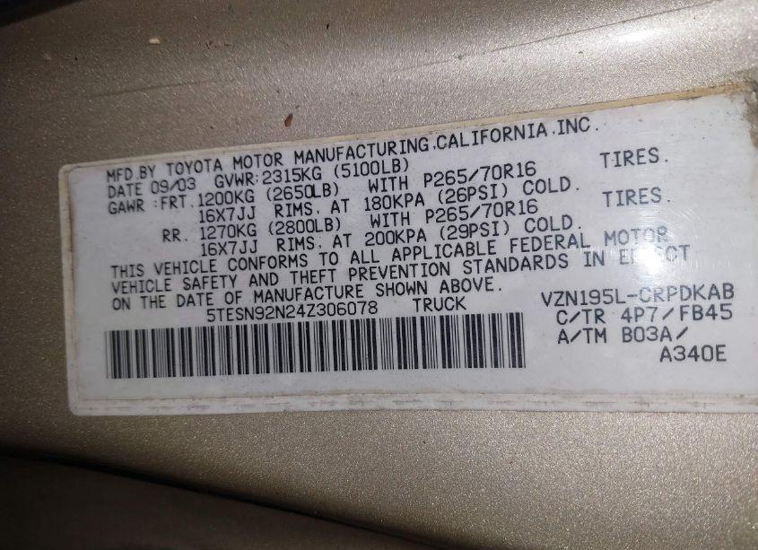 Photo 9 of 2004 Toyota Tacoma PRERUNNER V6 (VIN 5TESN92N24Z306078)