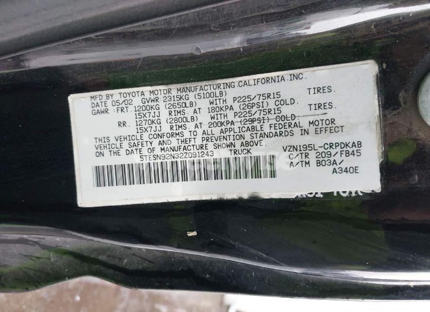 Photo 9 of 2002 Toyota Tacoma PRERUNNER V6 (VIN 5TESN92N32Z091243)