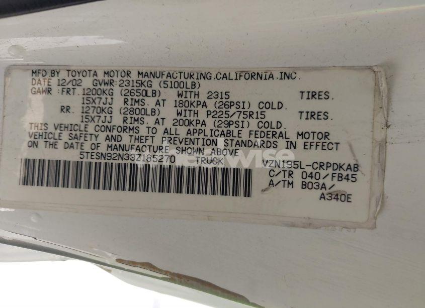 Photo 9 of 2003 Toyota Tacoma PRERUNNER V6 (VIN 5TESN92N33Z185270)