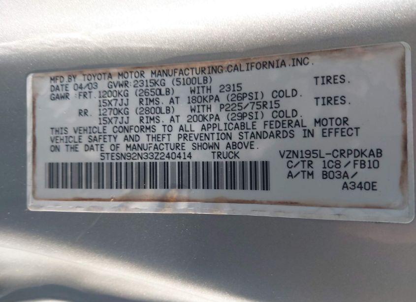 Photo 9 of 2003 Toyota Tacoma PRERUNNER V6 (VIN 5TESN92N33Z240414)