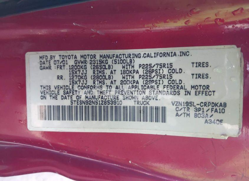 Photo 9 of 2001 Toyota Tacoma PRERUNNER V6 (VIN 5TESN92N51Z853910)
