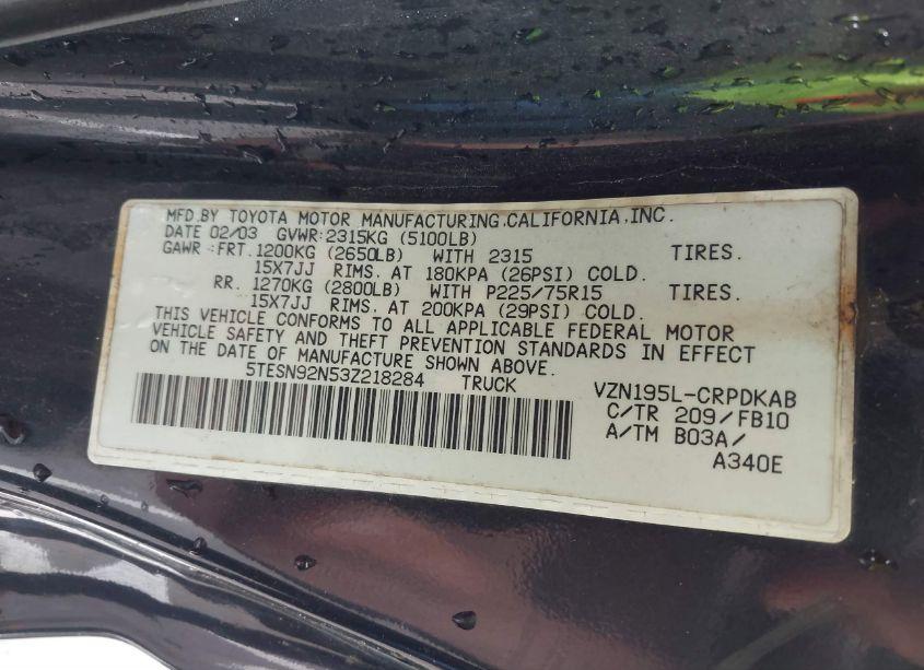 Photo 9 of 2003 Toyota Tacoma PRERUNNER V6 (VIN 5TESN92N53Z218284)