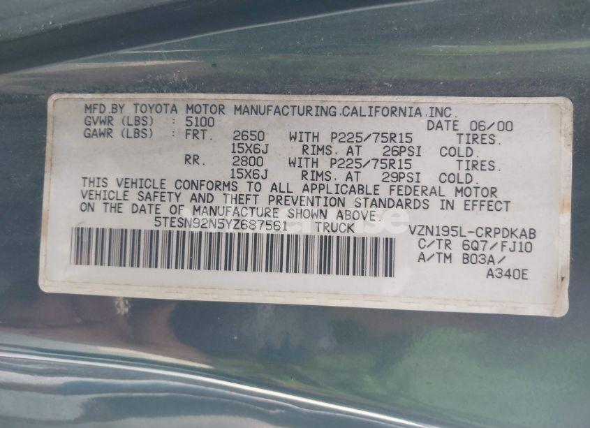 Photo 9 of 2000 Toyota Tacoma PRERUNNER V6 (VIN 5TESN92N5YZ687561)