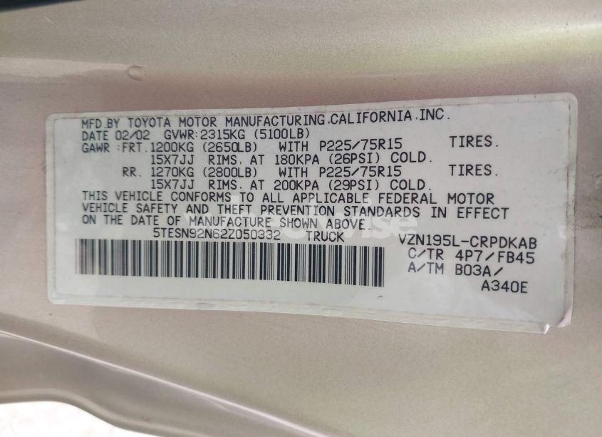 Photo 9 of 2002 Toyota Tacoma PRERUNNER V6 (VIN 5TESN92N62Z050332)