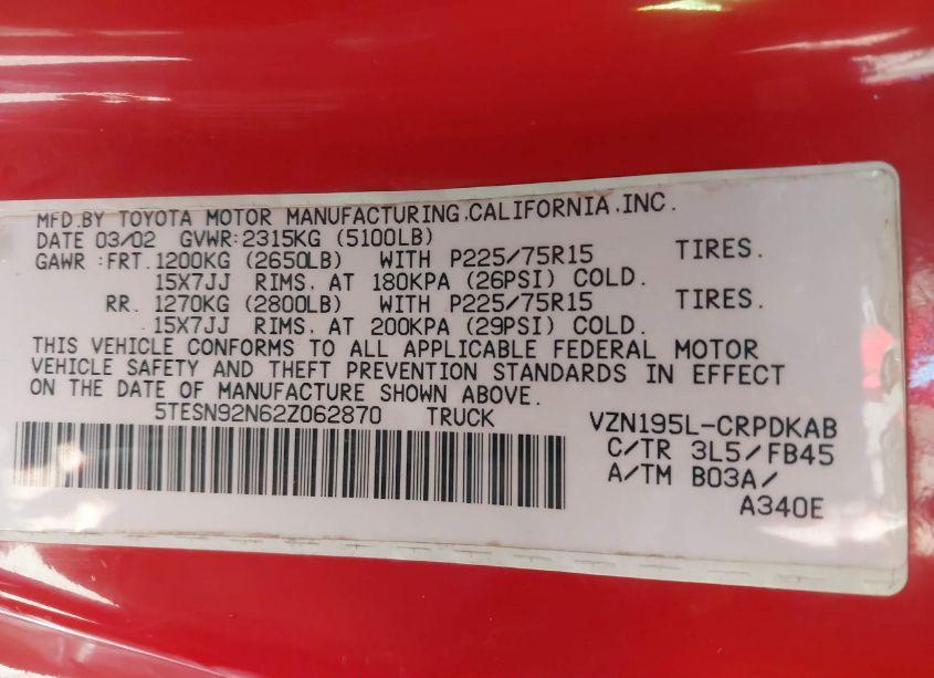Photo 9 of 2002 Toyota Tacoma PRERUNNER V6 (VIN 5TESN92N62Z062870)