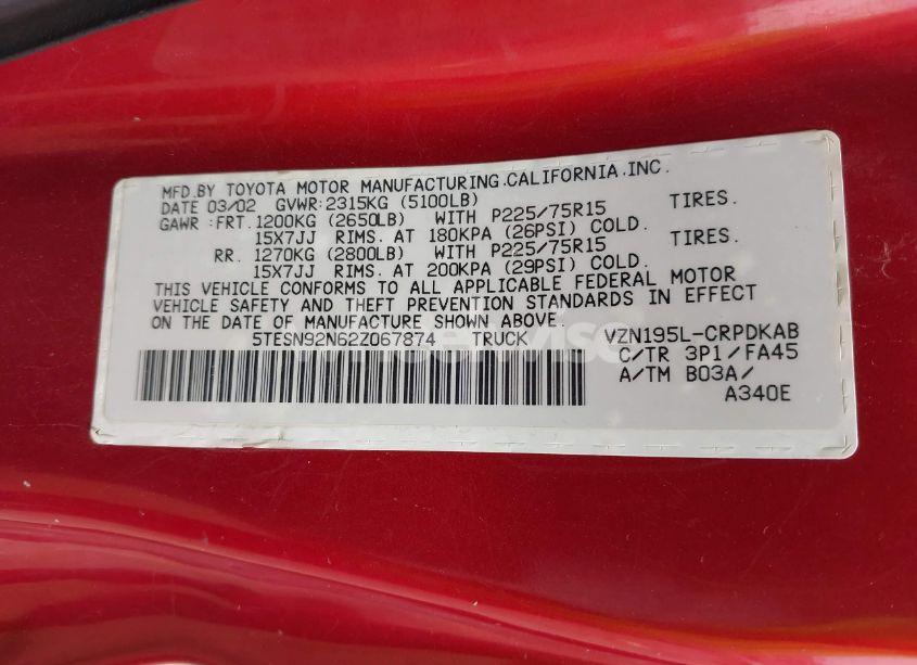 Photo 9 of 2002 Toyota Tacoma PRERUNNER V6 (VIN 5TESN92N62Z067874)