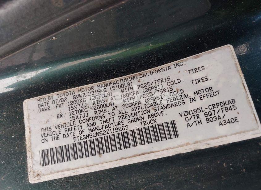 Photo 9 of 2002 Toyota Tacoma PRERUNNER V6 (VIN 5TESN92N62Z119262)