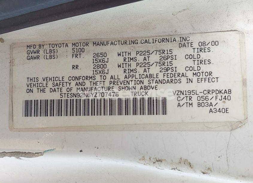 Photo 9 of 2000 Toyota Tacoma PRERUNNER V6 (VIN 5TESN92N6YZ707476)