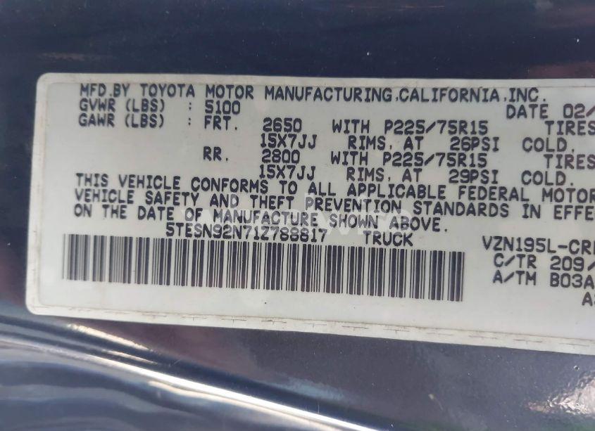 Photo 9 of 2001 Toyota Tacoma PRERUNNER V6 (VIN 5TESN92N71Z788817)