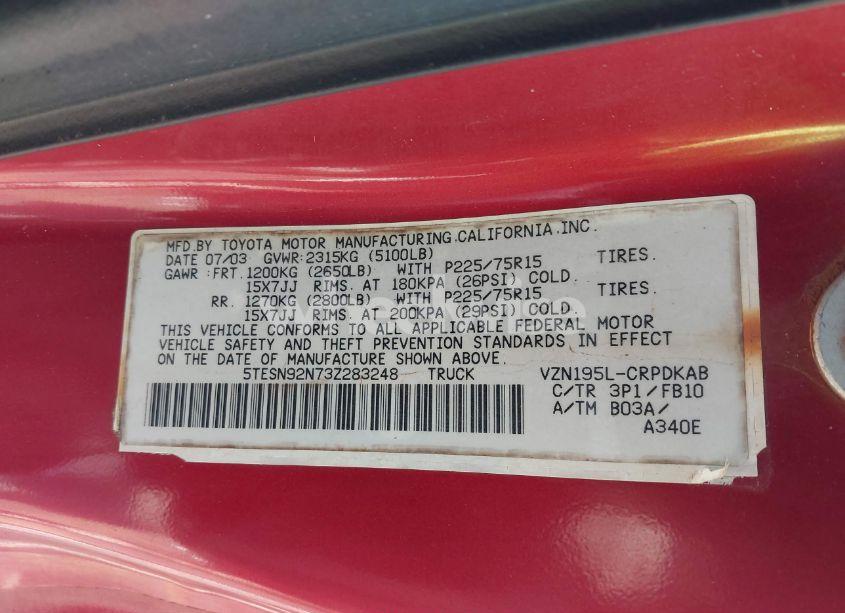 Photo 9 of 2003 Toyota Tacoma PRERUNNER V6 (VIN 5TESN92N73Z283248)