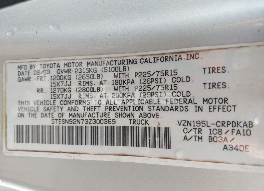 Photo 9 of 2003 Toyota Tacoma PRERUNNER V6 (VIN 5TESN92N73Z300369)