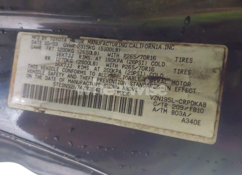 Photo 9 of 2004 Toyota Tacoma PRERUNNER V6 (VIN 5TESN92N74Z325421)