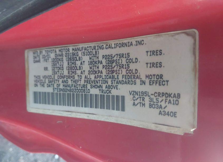 Photo 9 of 2002 Toyota Tacoma PRERUNNER V6 (VIN 5TESN92N82Z000810)