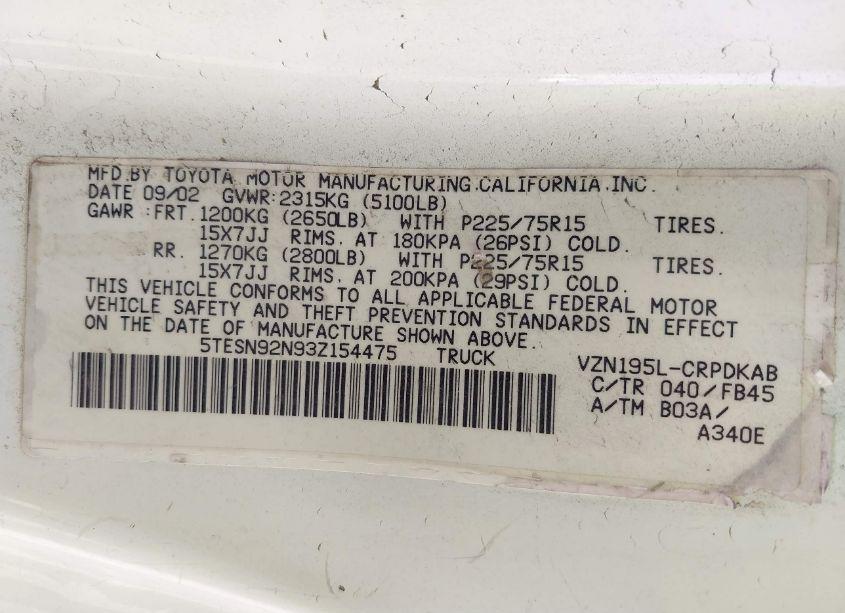 Photo 9 of 2003 Toyota Tacoma PRERUNNER V6 (VIN 5TESN92N93Z154475)