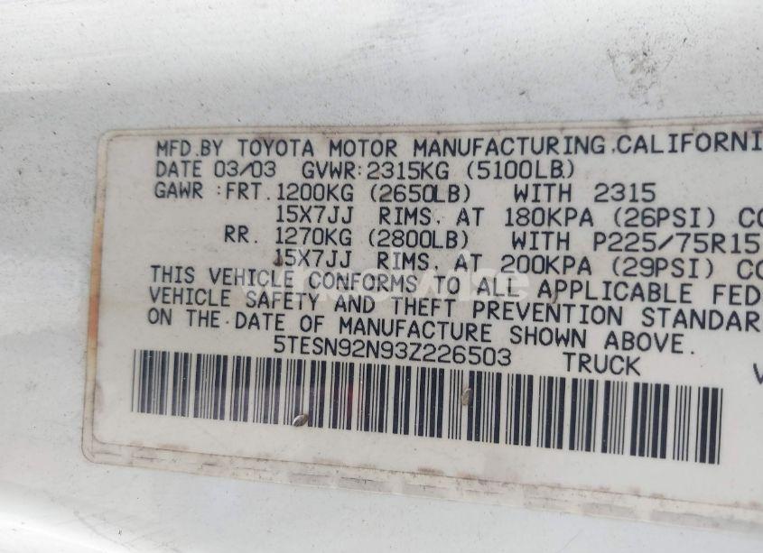 Photo 9 of 2003 Toyota Tacoma PRERUNNER V6 (VIN 5TESN92N93Z226503)