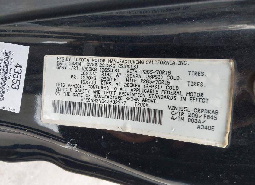 Photo 9 of 2004 Toyota Tacoma PRERUNNER V6 (VIN 5TESN92N94Z392277)