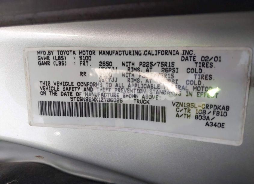 Photo 9 of 2001 Toyota Tacoma PRERUNNER V6 (VIN 5TESN92NX1Z786026)