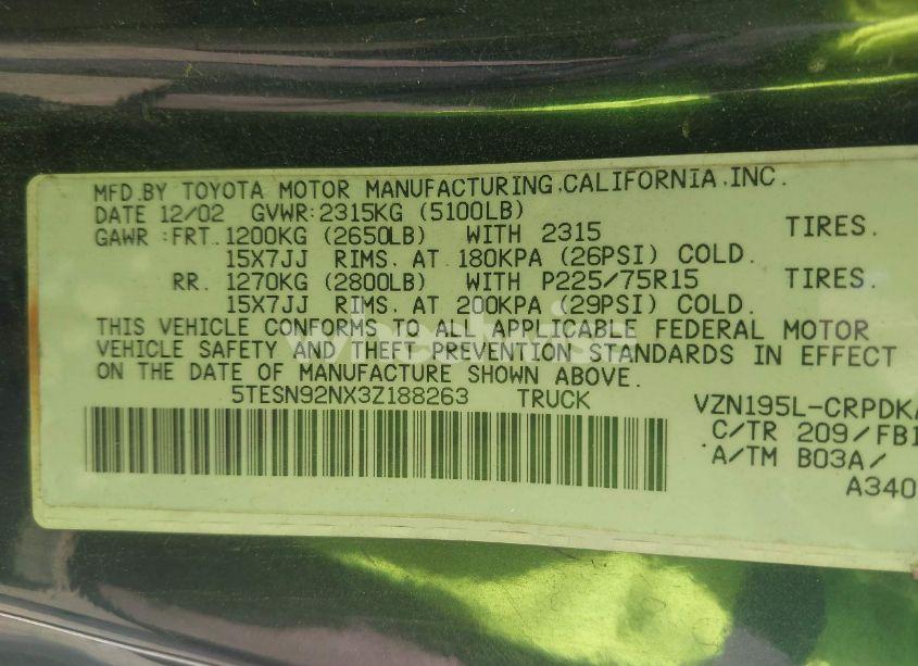Photo 9 of 2003 Toyota Tacoma PRERUNNER V6 (VIN 5TESN92NX3Z188263)