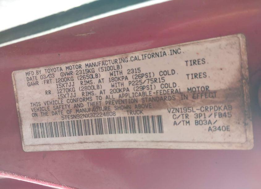 Photo 9 of 2003 Toyota Tacoma PRERUNNER V6 (VIN 5TESN92NX3Z224808)