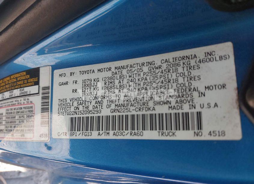 Photo 9 of 2005 Toyota Tacoma V6 (VIN 5TETU22N15Z095293)