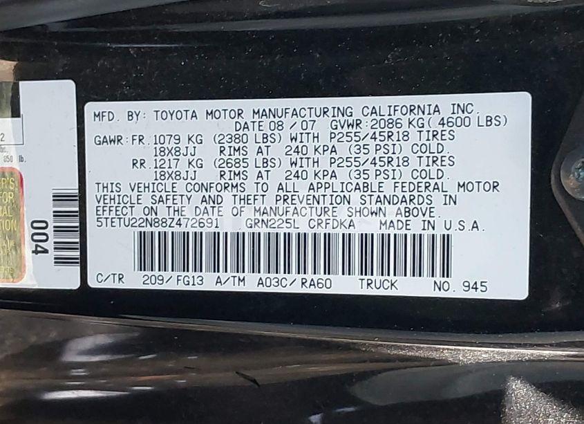 Photo 9 of 2008 Toyota Tacoma X-RUNNER (VIN 5TETU22N88Z472691)