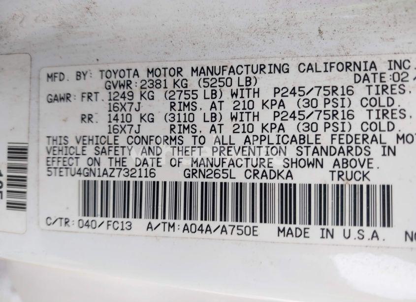 Photo 9 of 2010 Toyota Tacoma PRERUNNER V6 (VIN 5TETU4GN1AZ732116)