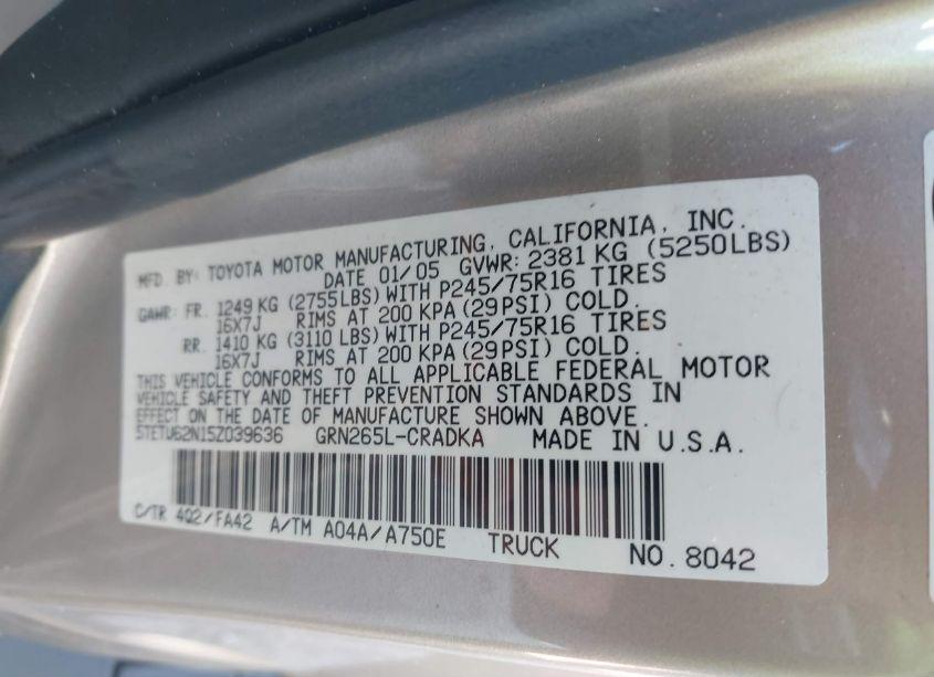 Photo 9 of 2005 Toyota Tacoma PRERUNNER V6 (VIN 5TETU62N15Z039636)