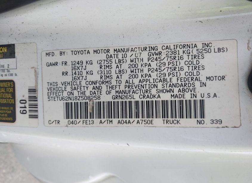 Photo 9 of 2008 Toyota Tacoma PRERUNNER V6 (VIN 5TETU62N18Z508258)