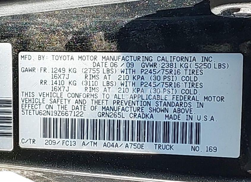 Photo 9 of 2009 Toyota Tacoma PRERUNNER V6 (VIN 5TETU62N19Z667122)