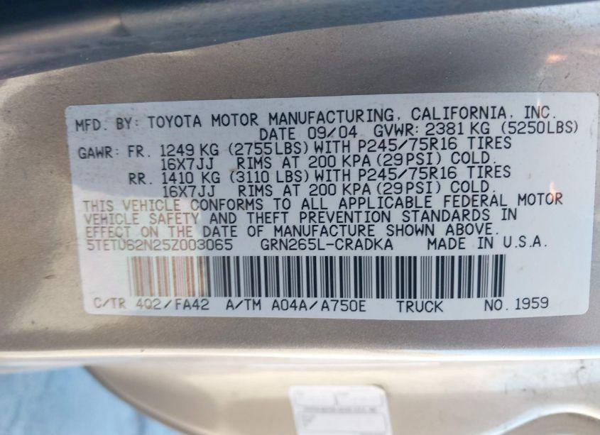 Photo 9 of 2005 Toyota Tacoma PRERUNNER V6 (VIN 5TETU62N25Z003065)