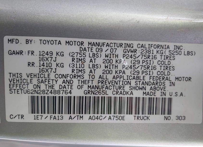 Photo 9 of 2008 Toyota Tacoma PRERUNNER V6 (VIN 5TETU62N28Z488764)