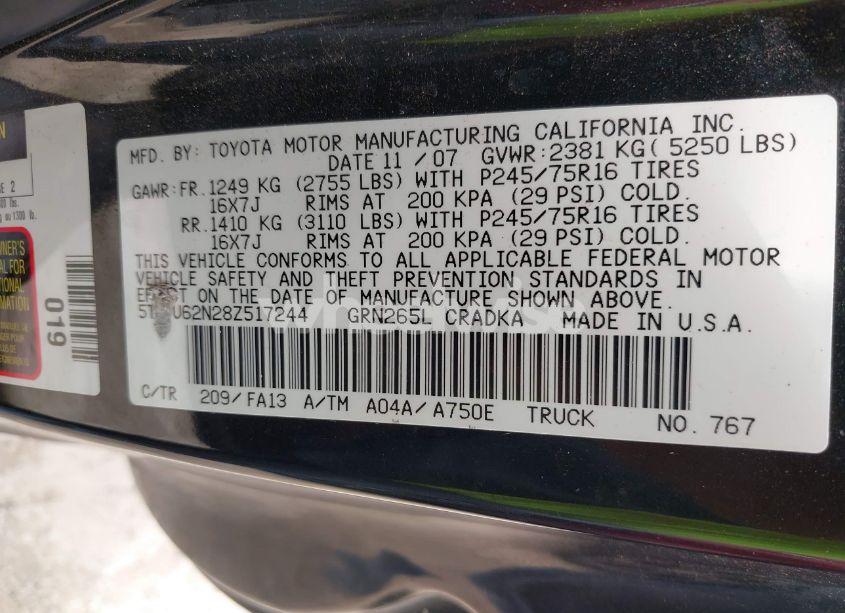 Photo 9 of 2008 Toyota Tacoma PRERUNNER V6 (VIN 5TETU62N28Z517244)