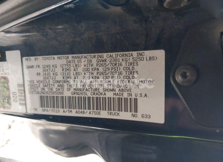 Photo 9 of 2008 Toyota Tacoma PRERUNNER V6 (VIN 5TETU62N28Z585088)