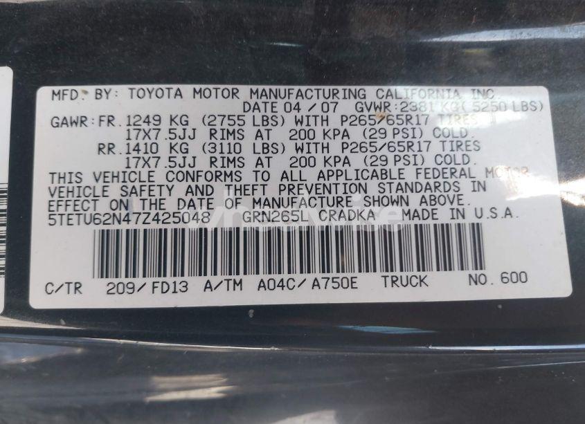 Photo 9 of 2007 Toyota Tacoma PRERUNNER ACCESS CAB (VIN 5TETU62N47Z425048)