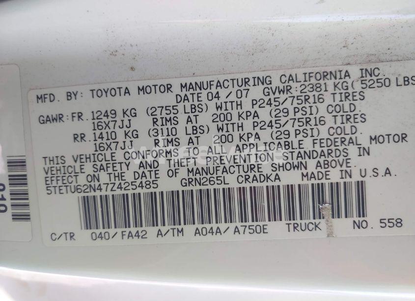 Photo 9 of 2007 Toyota Tacoma PRERUNNER V6 (VIN 5TETU62N47Z425485)