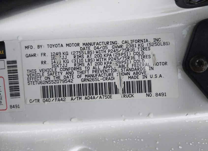 Photo 9 of 2005 Toyota Tacoma PRERUNNER V6 (VIN 5TETU62N55Z079542)